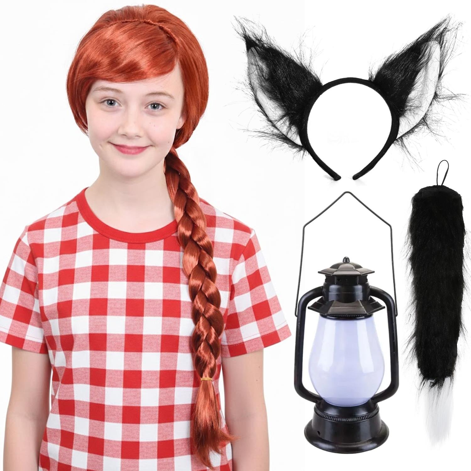 Kids Rebel Girl Costume Set | 4 Pcs | Plait Wig, Cat Ears, Thick Tail & Lantern