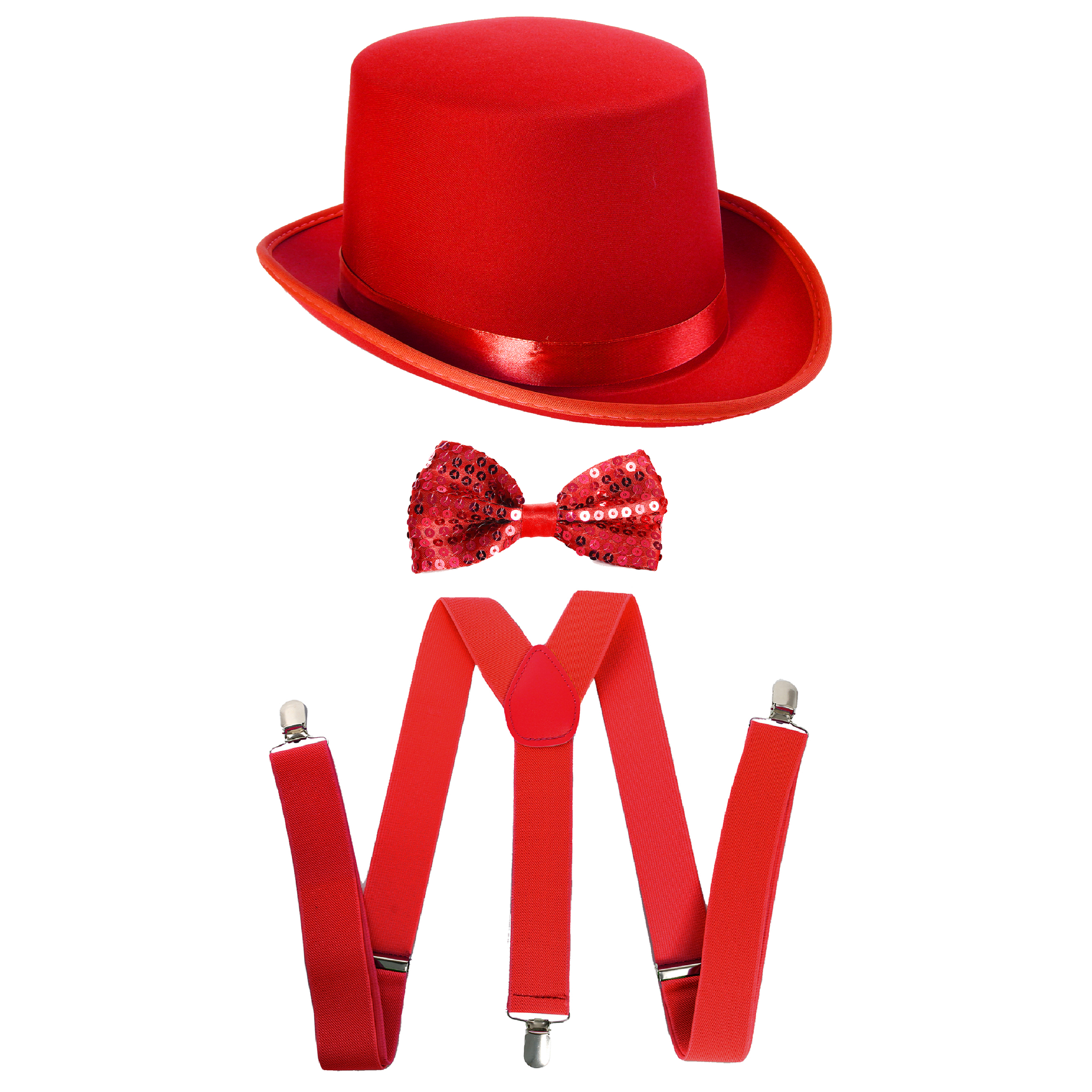 Red Accessory Set - Satin Top Hat, Sequin Bow Tie & Braces