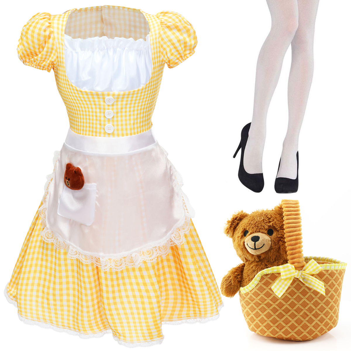 Ladies Goldilocks Costume | 4 Pcs | Dress, Tights, Soft Basket & Bear