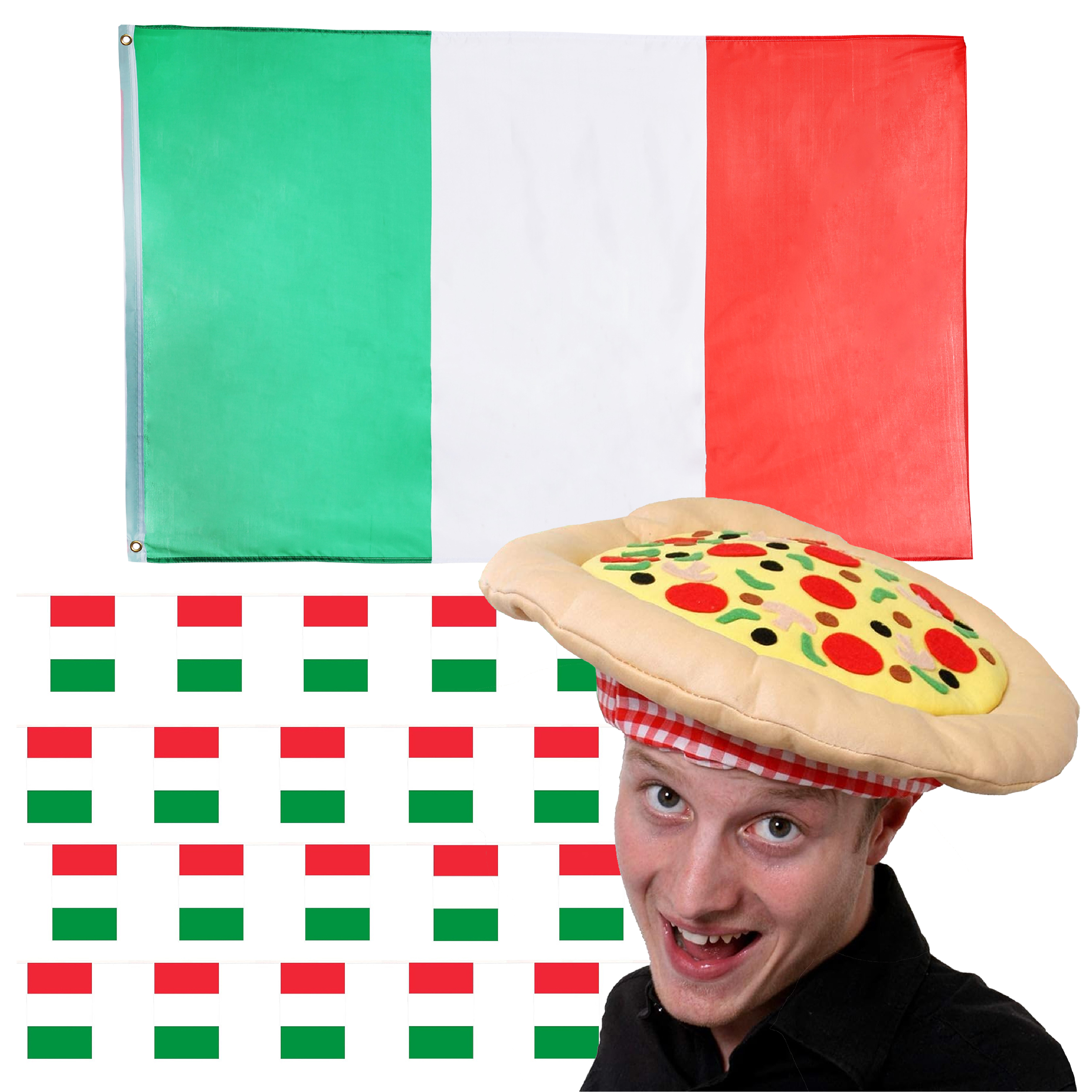 Large 5ft x 3ft Italian Flag, Novelty Pizza Hat & Bunting