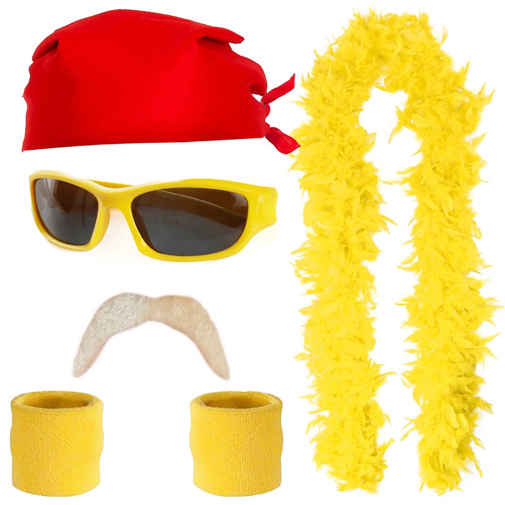 Hulk Hogan Wrestling Costume Accessory Set – Bandana, Sunglasses, Moustache, Sweat Bands & Yellow Feather Boa