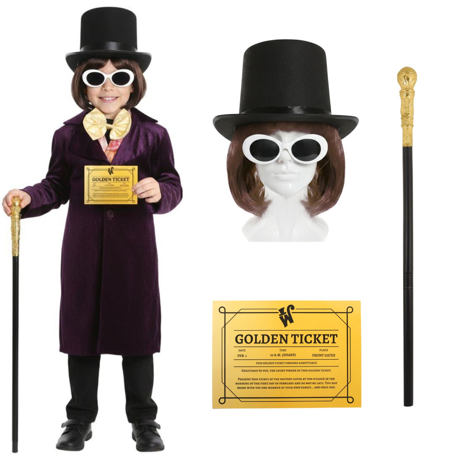 Childs Factory Boss Costume | 8 Pcs | Hat, Wig, Jacket, Waistcoat, Bowtie, Glasses & Golden Ticket