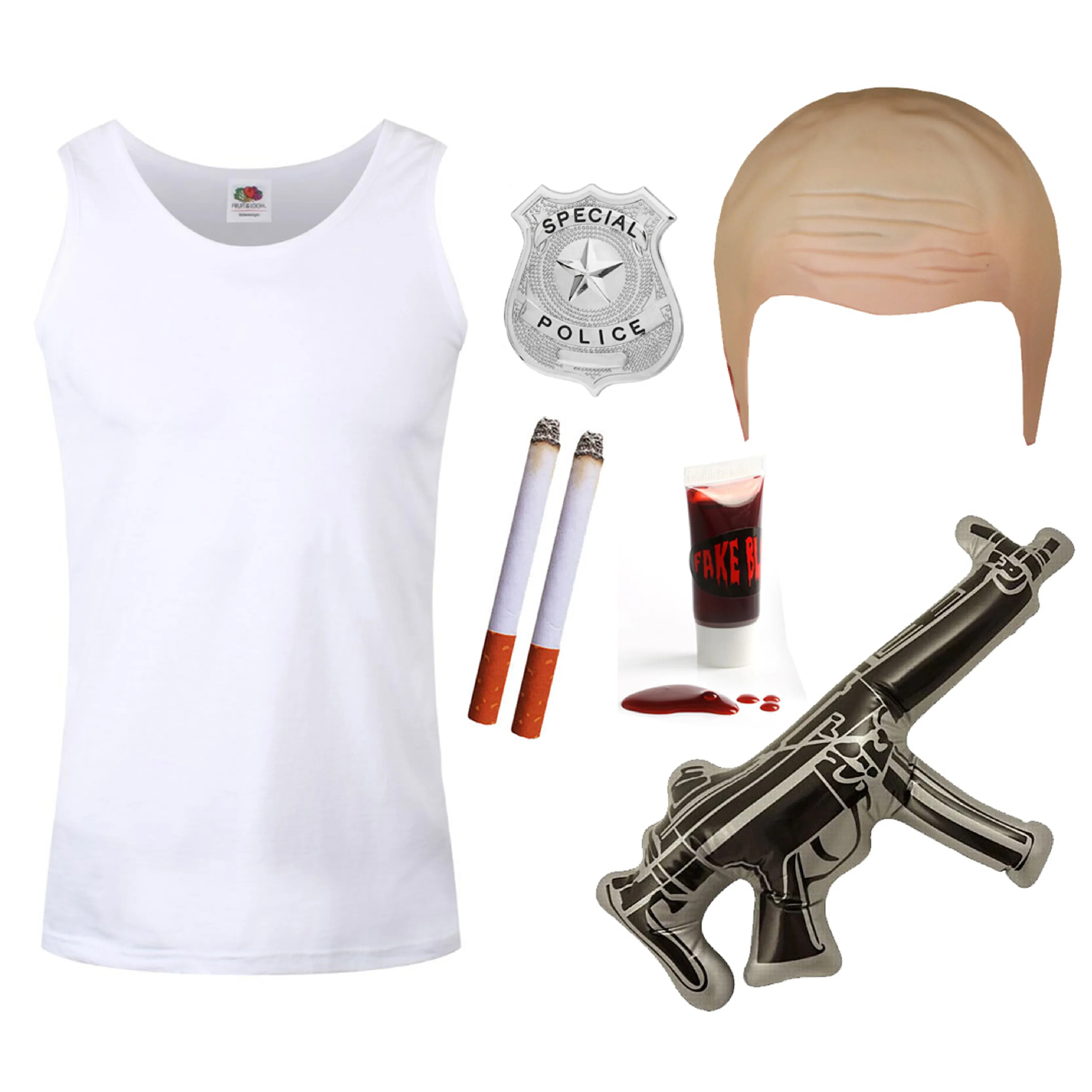 Adults John McClane Costume | 6 Pcs | White Vest, Bald Cap, Badge, Fake Cigarettes, Inflatable Gun & Fake Blood
