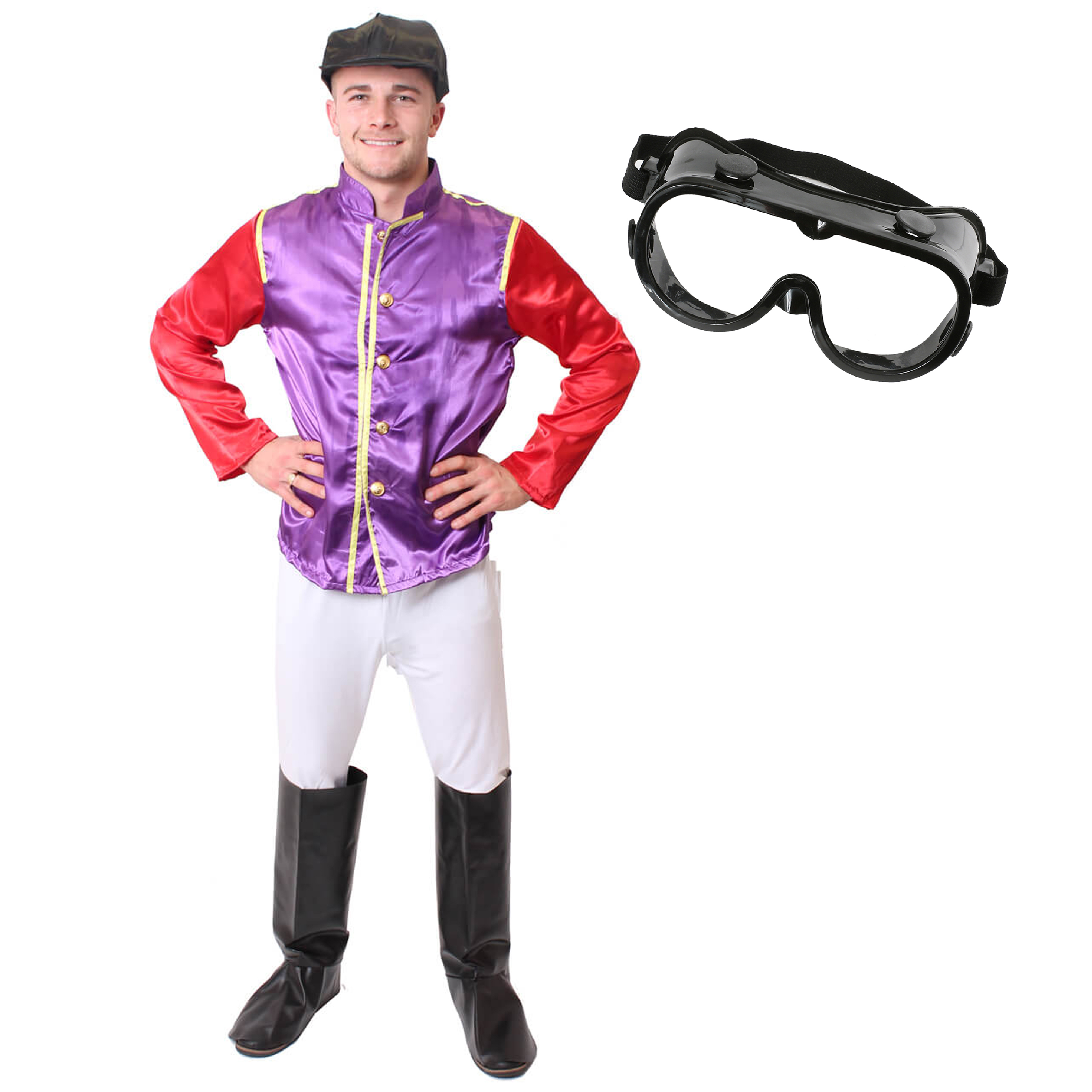 Adults Purple & Red Jockey Costume - with White Trousers, Boot Covers & Black Goggles