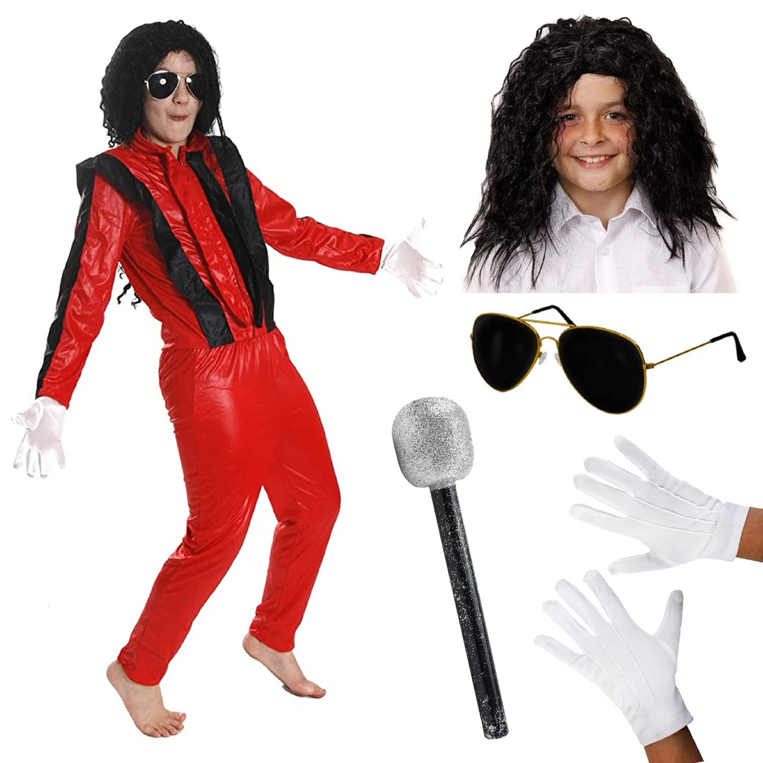Childs King of Pop Costume | 6 Pcs | Costume, Wig, Gloves, Glasses & Mic
