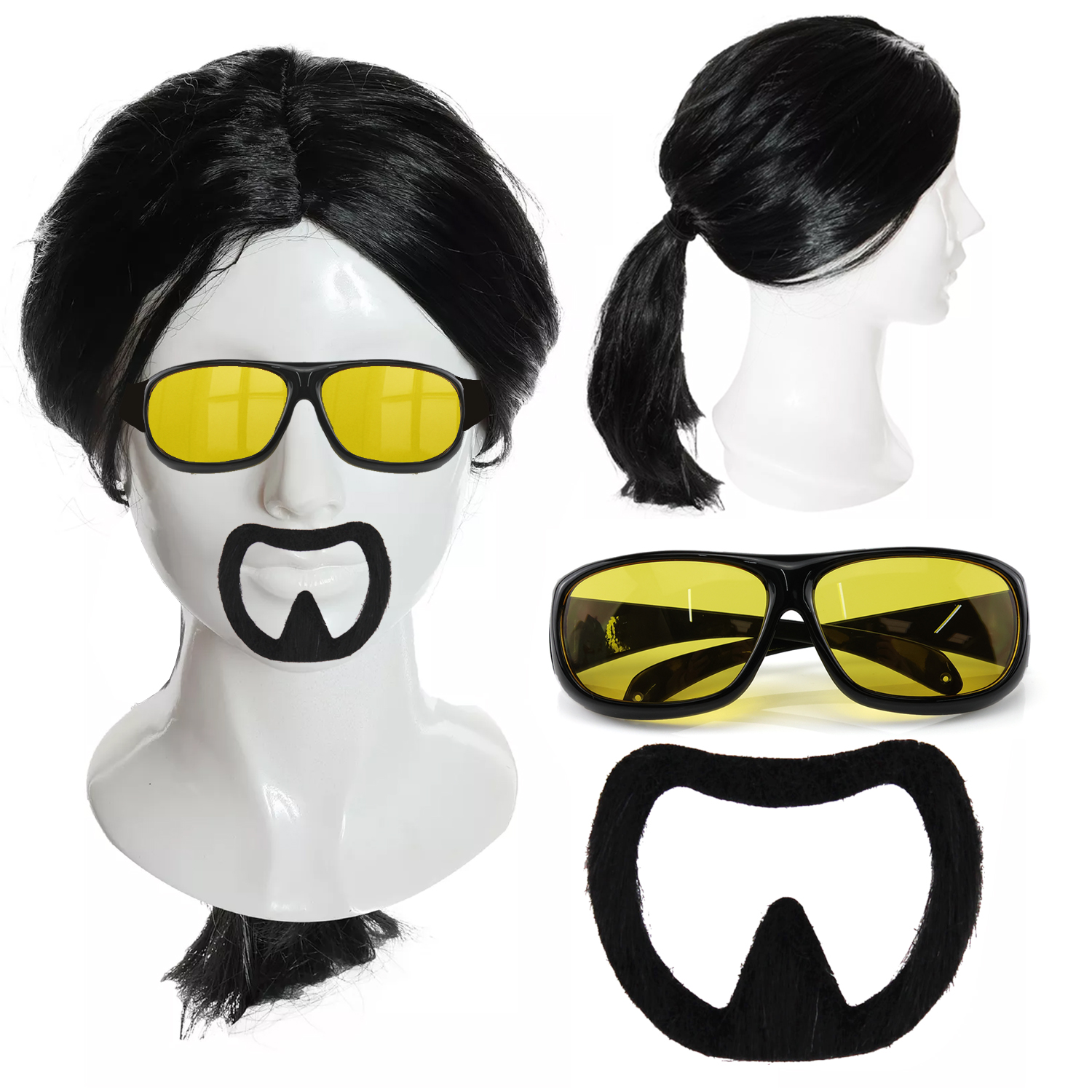 Adults action hero accessory set | Wig, Goatee & Yellow Glasses