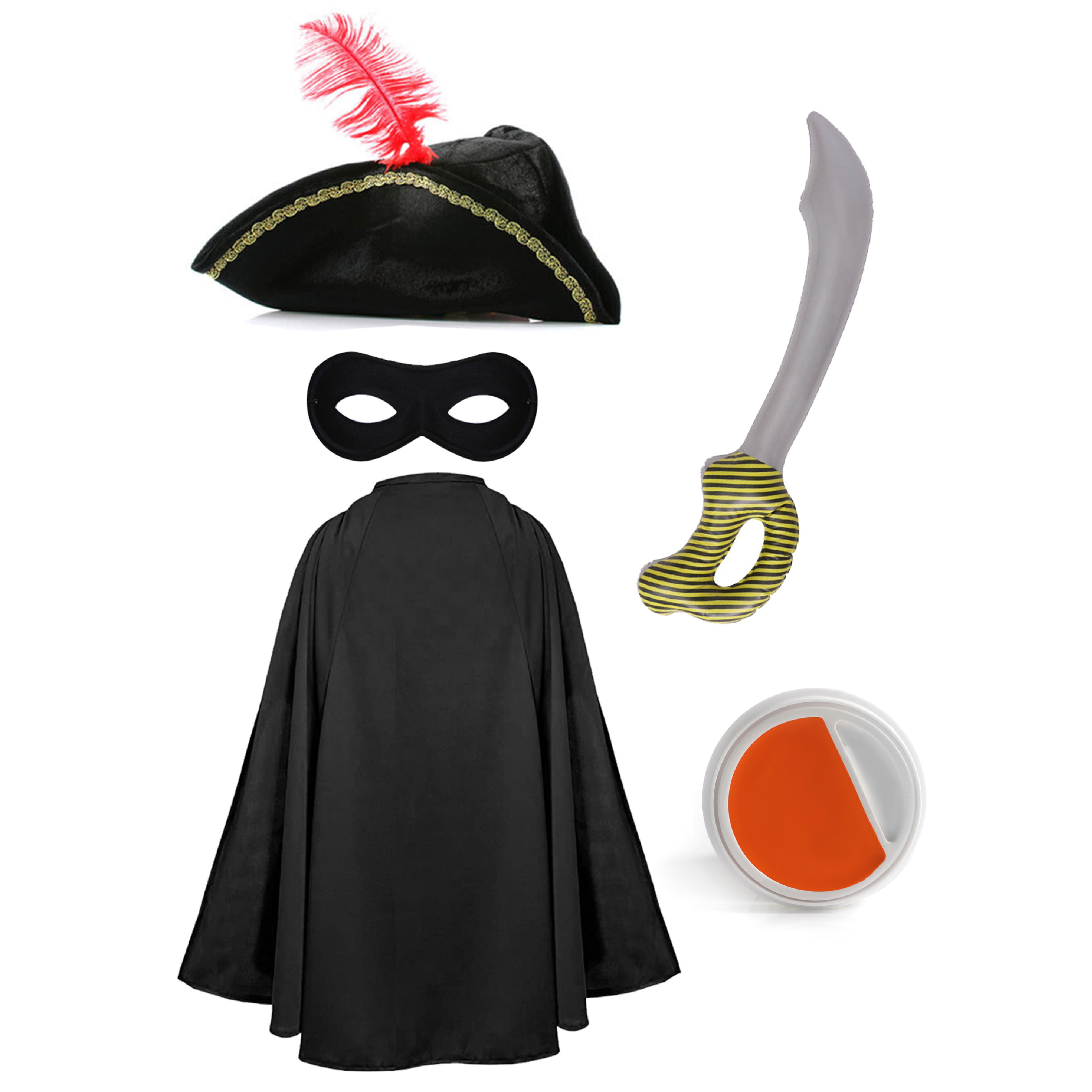 Adults Cat Bandit Costume | 5 Pcs | Cape, Hat, Black Mask, Inflatable Sword & Orange Face Paint