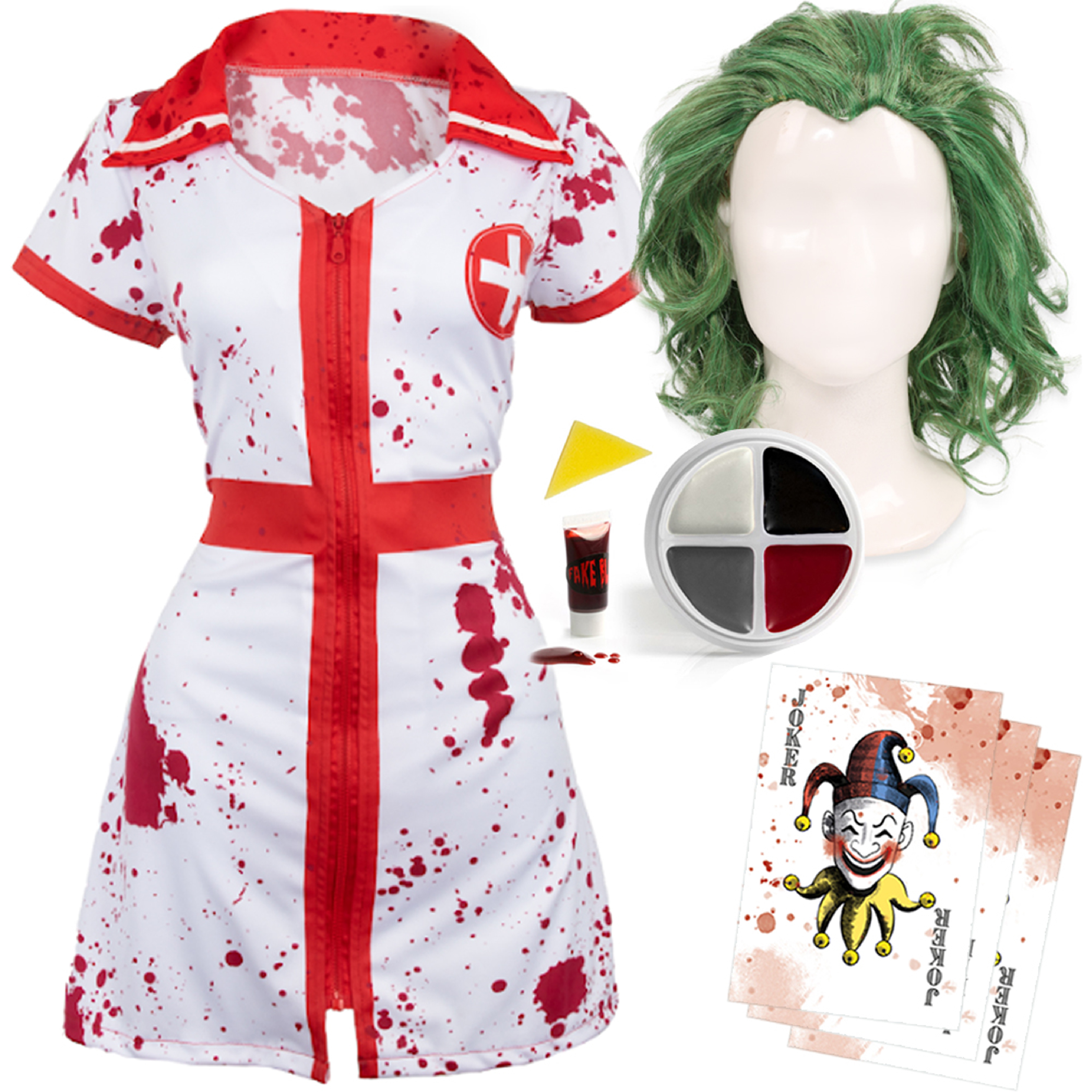 Adults Laughing Man Nurse Costume - Bloody Dress, Wig, Face Paint & Business Card