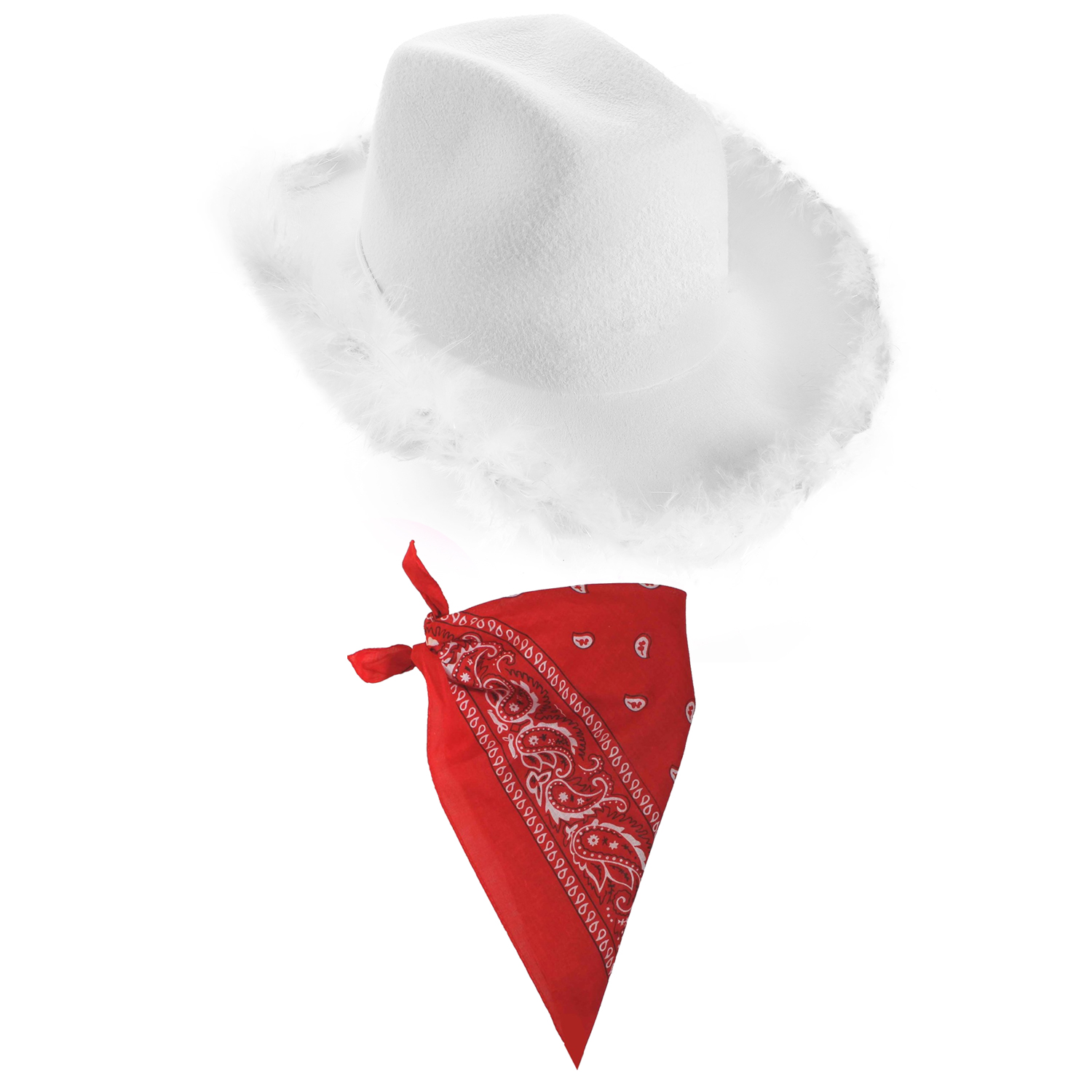 White Cowboy Hat with Marabou Trim + Red Paisley Bandana