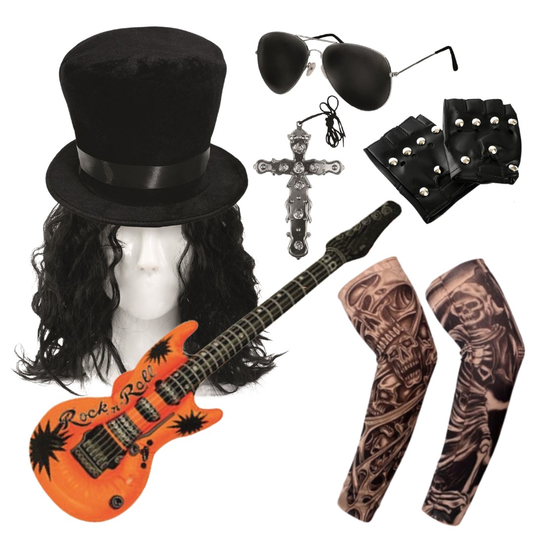 Deluxe Adults Guitar Hero Costume Set – Rock Star Hat, Wig, Inflatable Guitar, Cross Necklace, Gloves, Glasses & Tattoos Sleeves