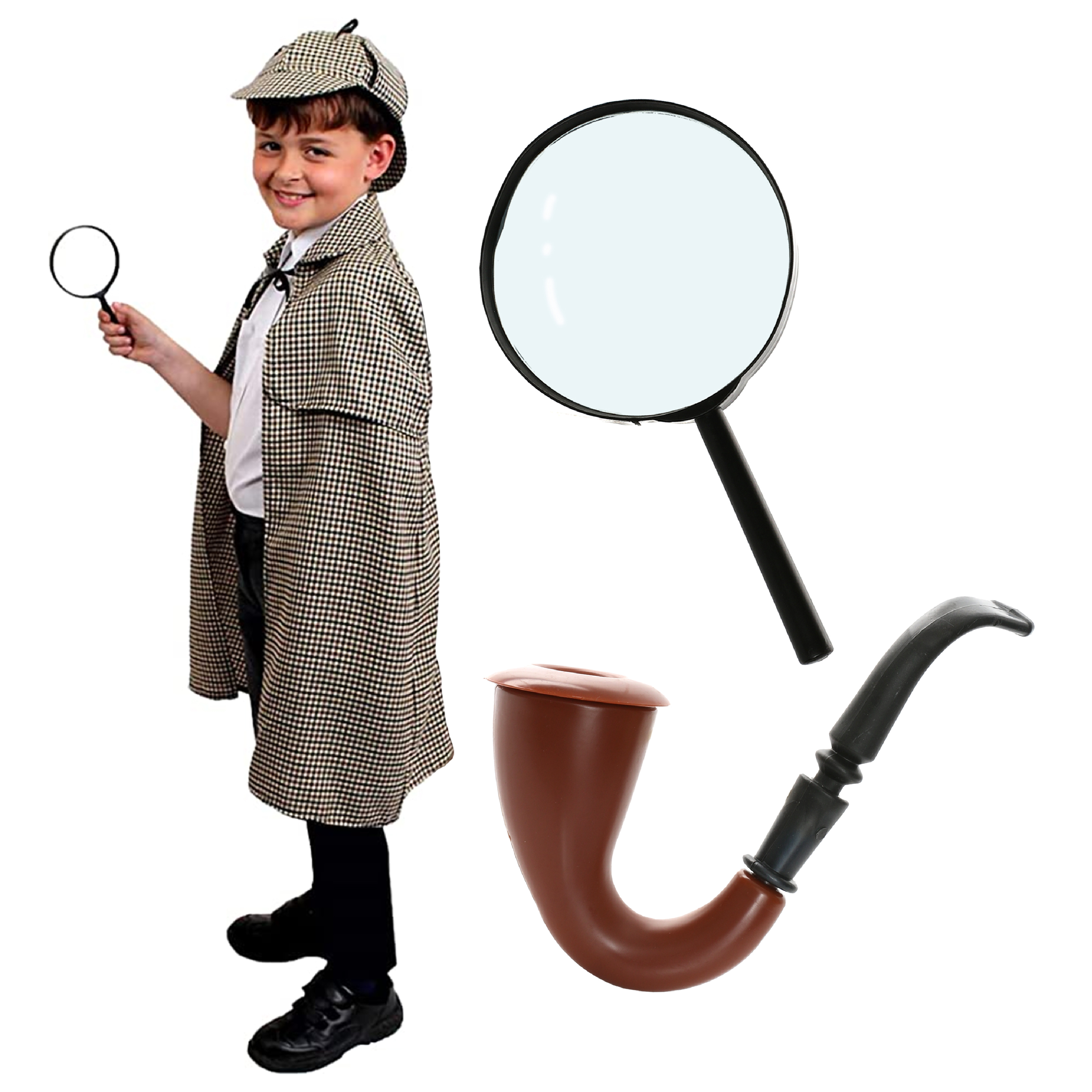 Childs Victorian Detective Costume with Magnifying Glass & Pipe