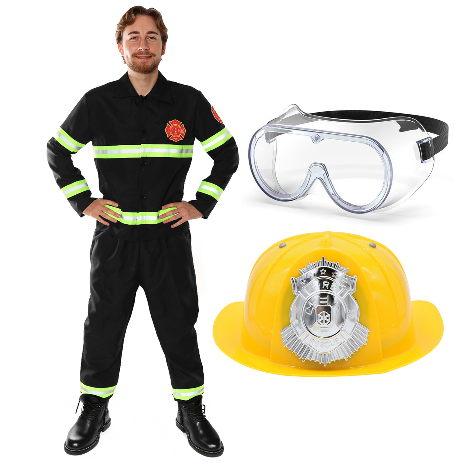 Adults Fireman Costume | 4 Pcs | Top, Trousers, Goggles & Hat