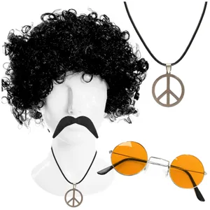 Hippy Accessory Set - Afro Wig, Moustache, Necklace & Orange Glasses