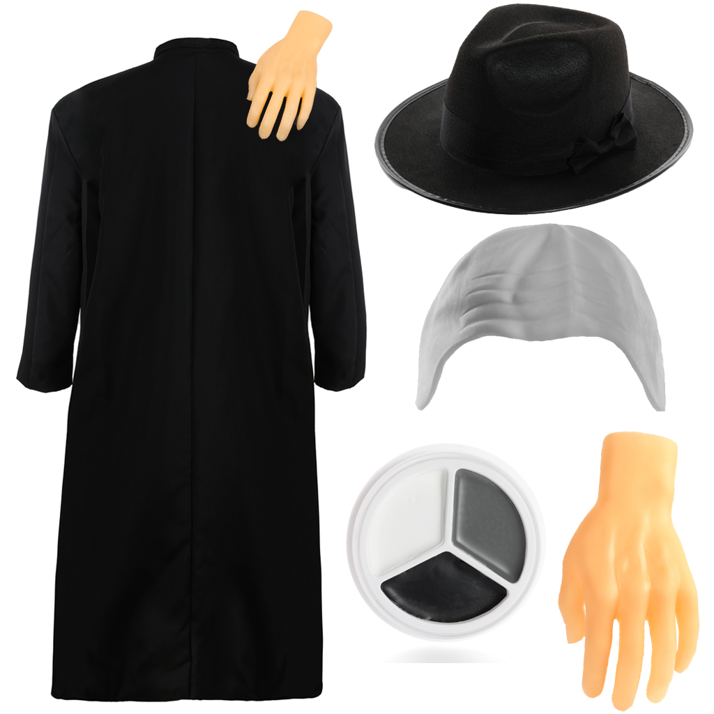 Adults Bald Festering Uncle Costume | 5 Pcs | Black Jacket, Hat, White Bald Cap, Face Paint & Hand Prop