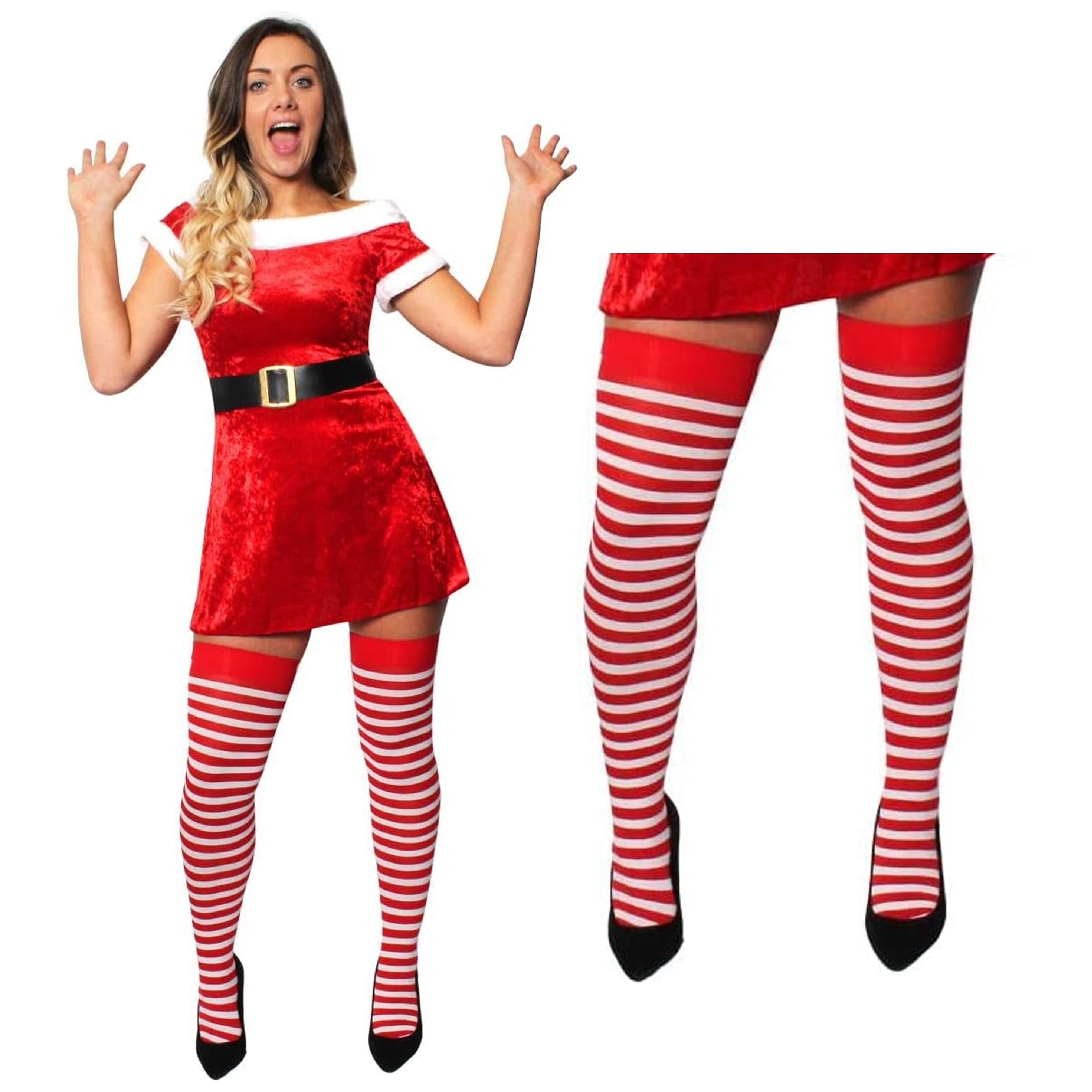 Ladies Miss Santa Velour Christmas Dress with Striped Stockings