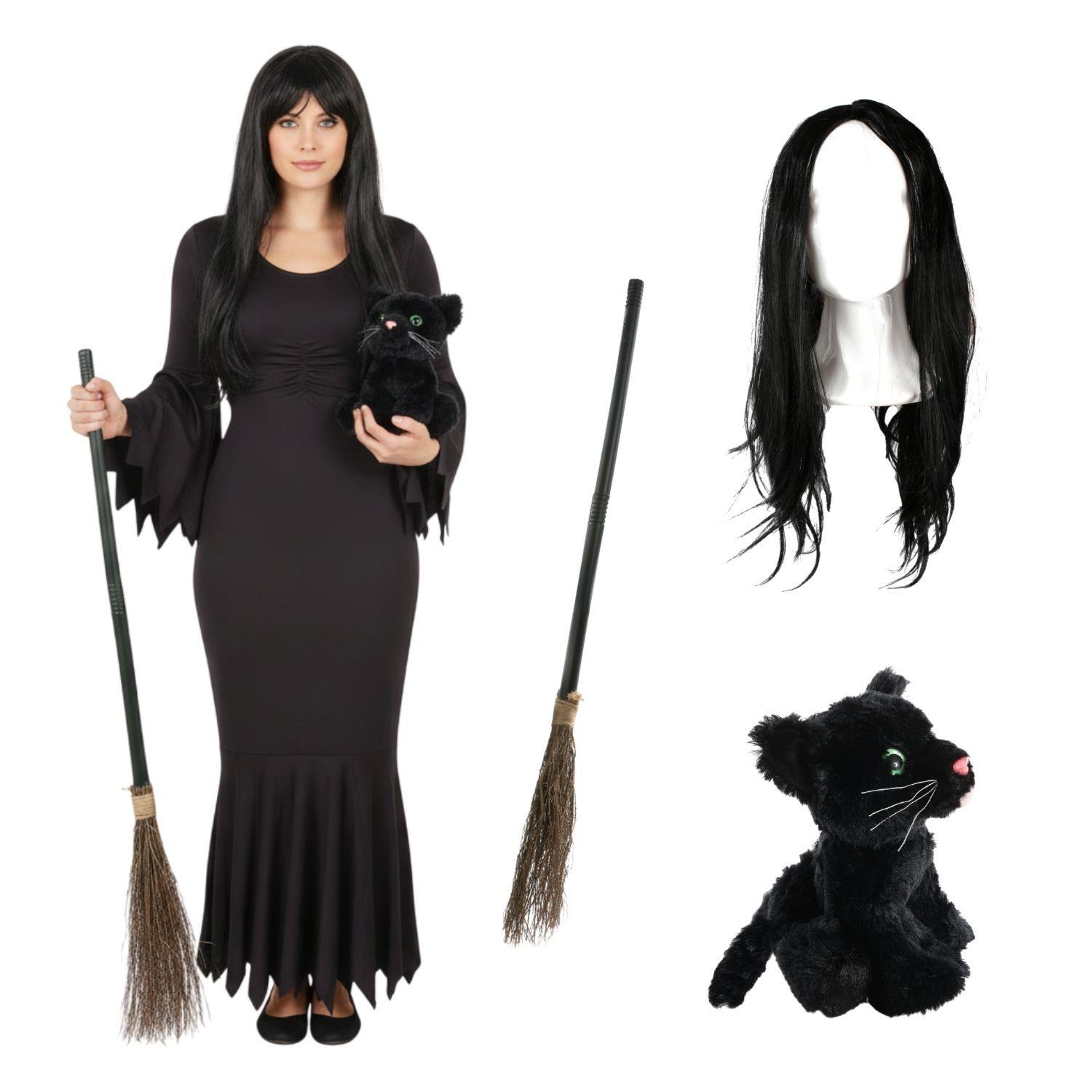 Ladies Hooky Witch Costume | 4 Pcs | Dress, Broom, Cat Toy & Wig