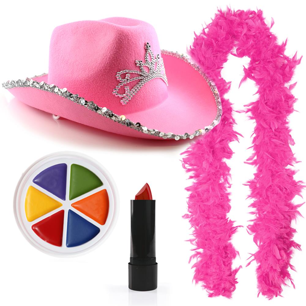 Pink Cowgirl Party Club Set | 4 Pcs | Cowboy Hat, Feather Boa, Face Paint & Lipstick