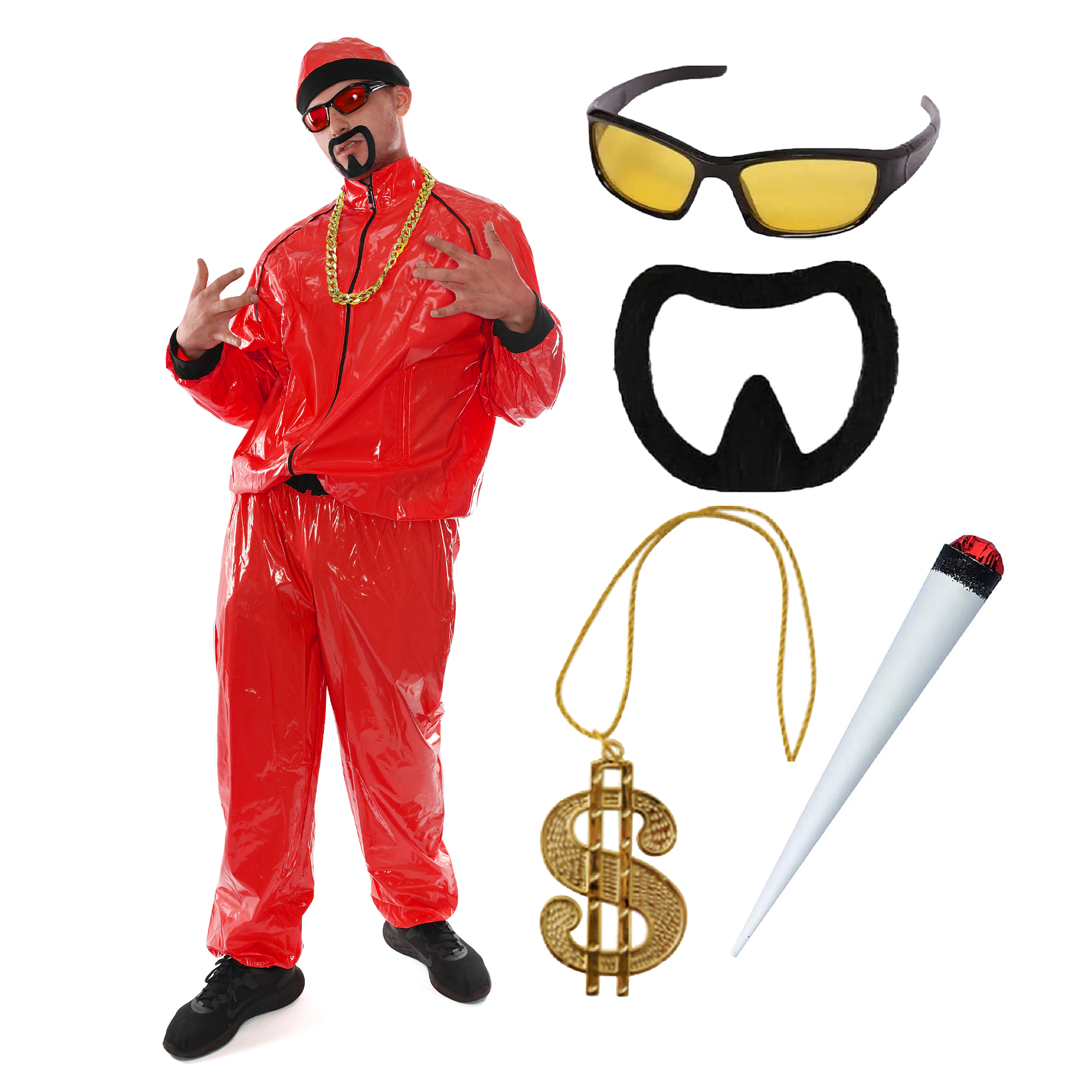 Adults Red Funny 90's Rapper Costume - Red Hat, Glasses, Goatee, Dollar Chain & Spliff