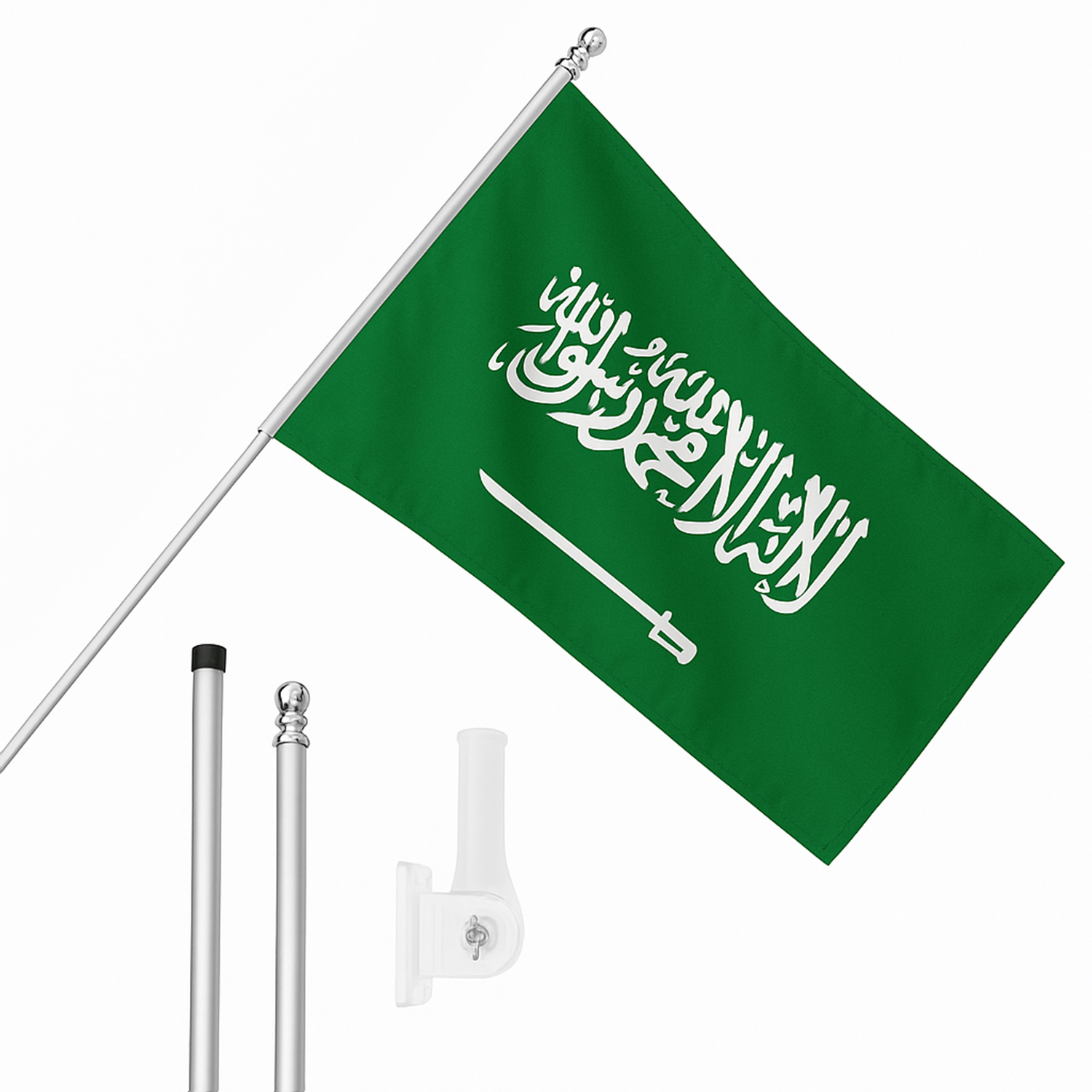 Large 5ft X 3ft Saudi Flag with 6ft Pole & Wall Bracket