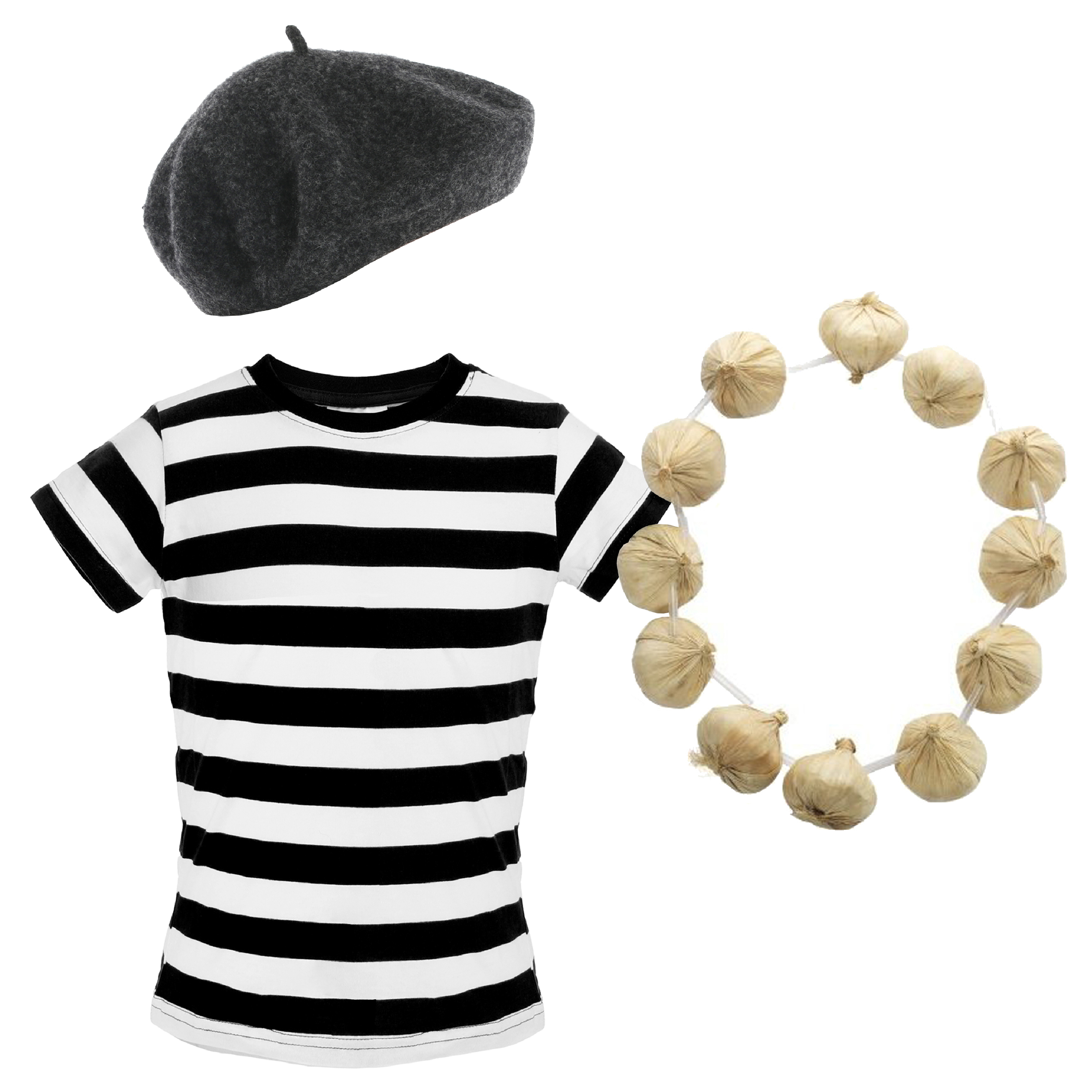 Childs French Costume Set - Striped Top, Grey Beret & Garlic Garland