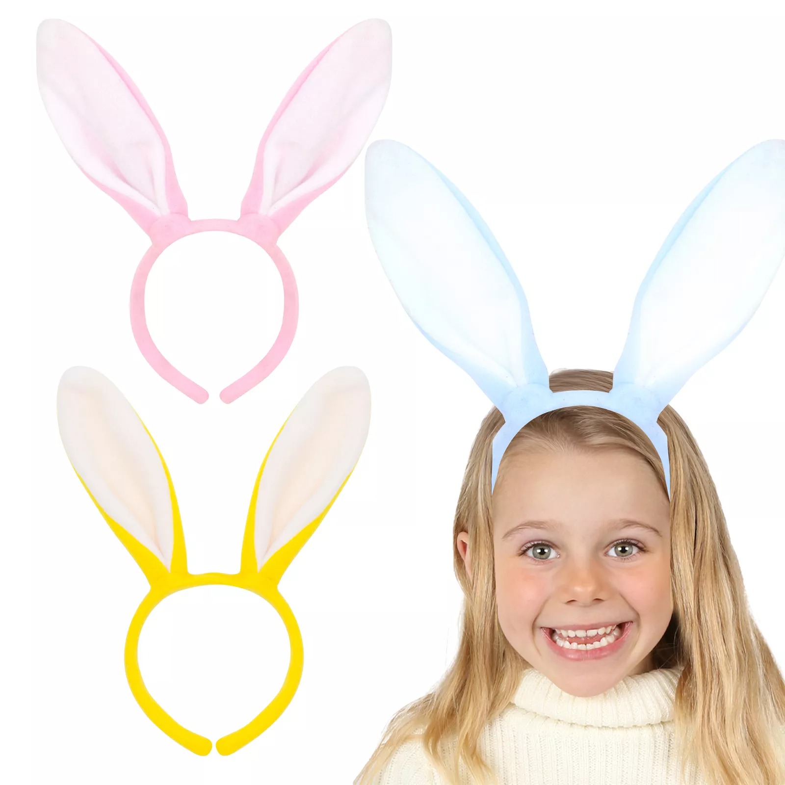 Pastel Pink, Yellow & Blue Bunny Ears Headband – Kids Easter Party Accessories for Egg Hunts