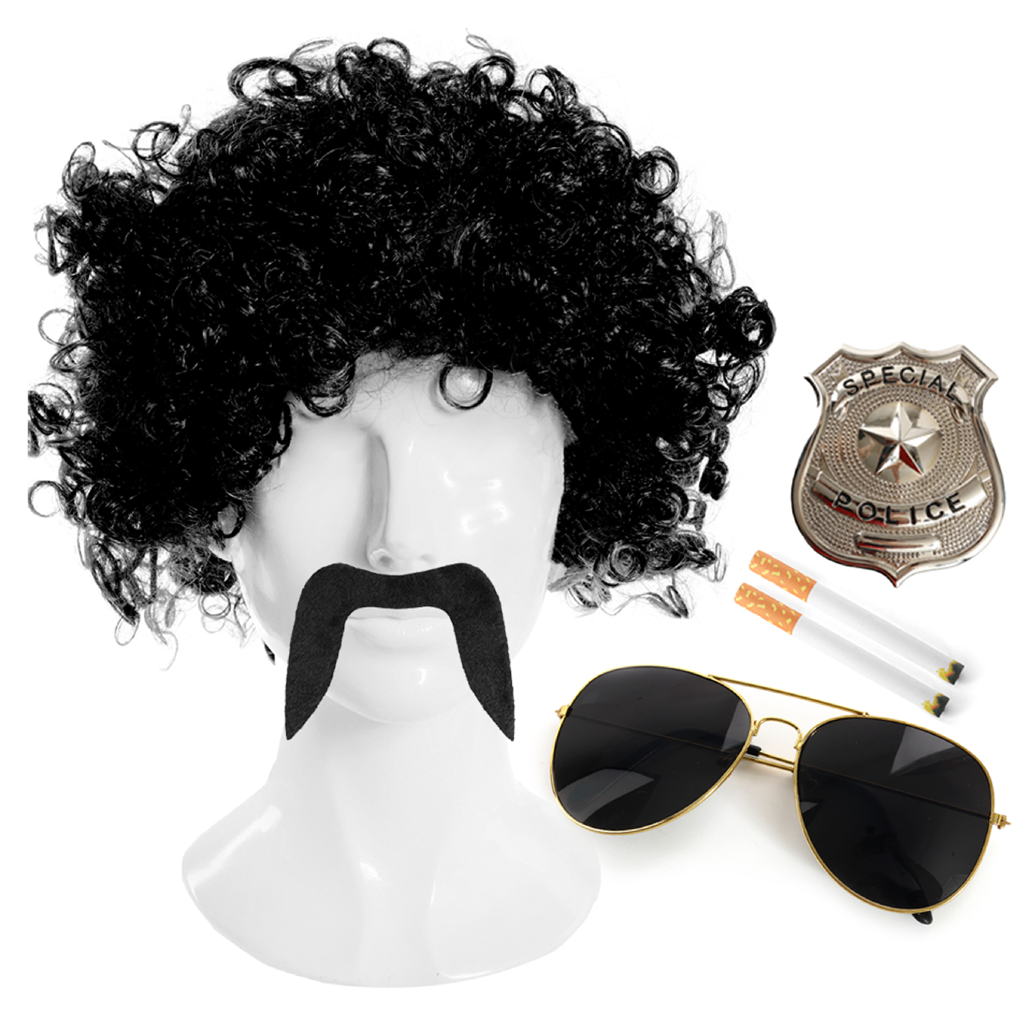 70's Cop Accessories Set with Black Wig