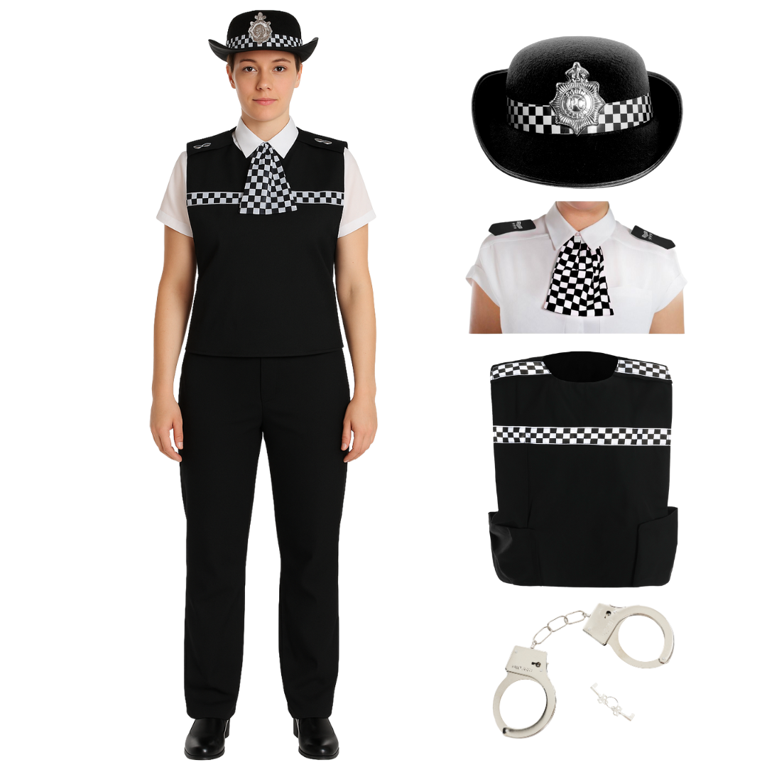 Ladies Police Officer Costume | 4 Pcs | Hat, Vest, Epaulettes & Handcuffs