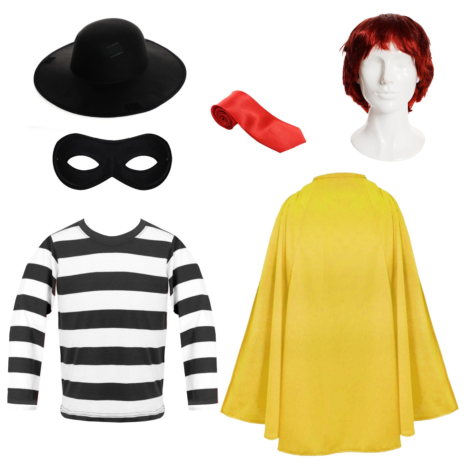 Childs Burger Burglar Costume | 6 Pcs | Striped Top, Eye Mask, Hat, Tie, Wig & Yellow Cape
