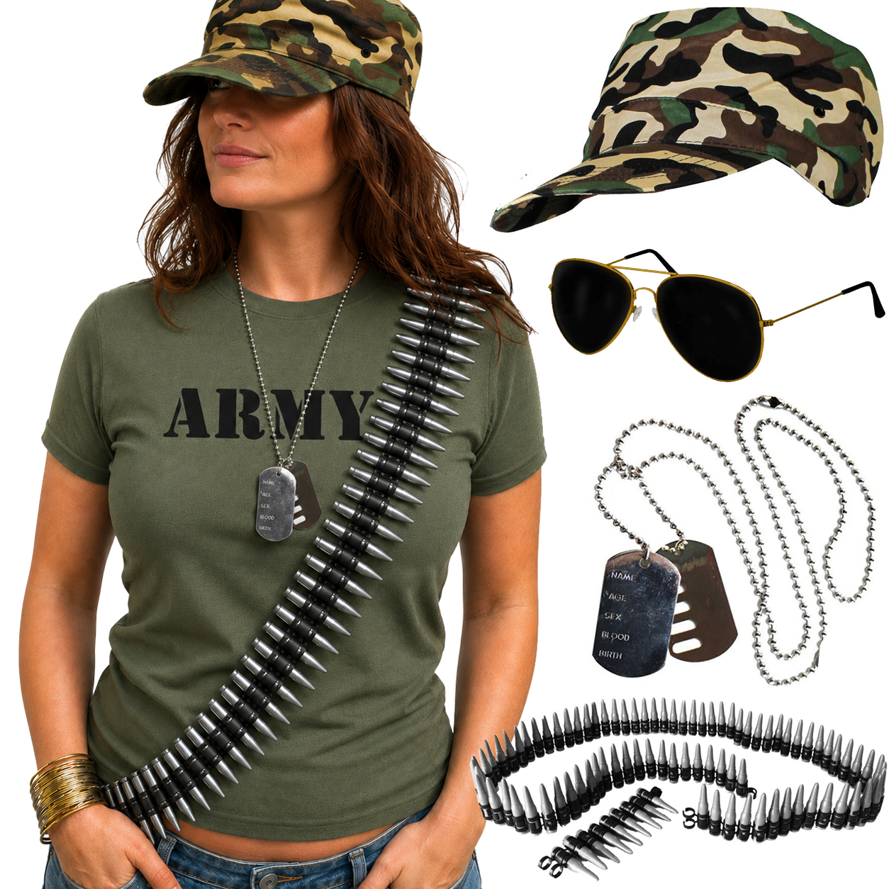 Ladies Army Girl Costume | 5 Pcs | Baby Tee, Hat, Glasses, Necklace & Bullet Belt