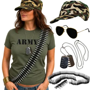 Ladies Army Girl Costume | 5 Pcs | Baby Tee, Hat, Glasses, Necklace & Bullet Belt