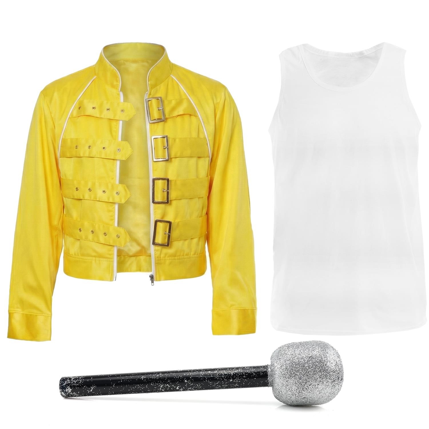 Adults 80's Rock Star Costume | 3 Pcs | Yellow Jacket, Vest, & Mic