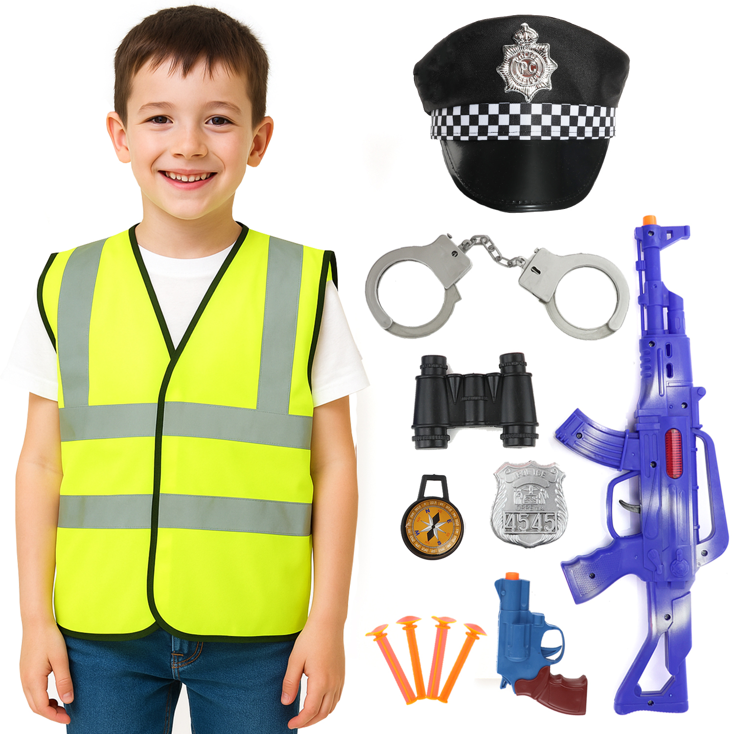 Childs Police Officer Costume Set - Hi Vis Vest, Hat & 10 Piece Set