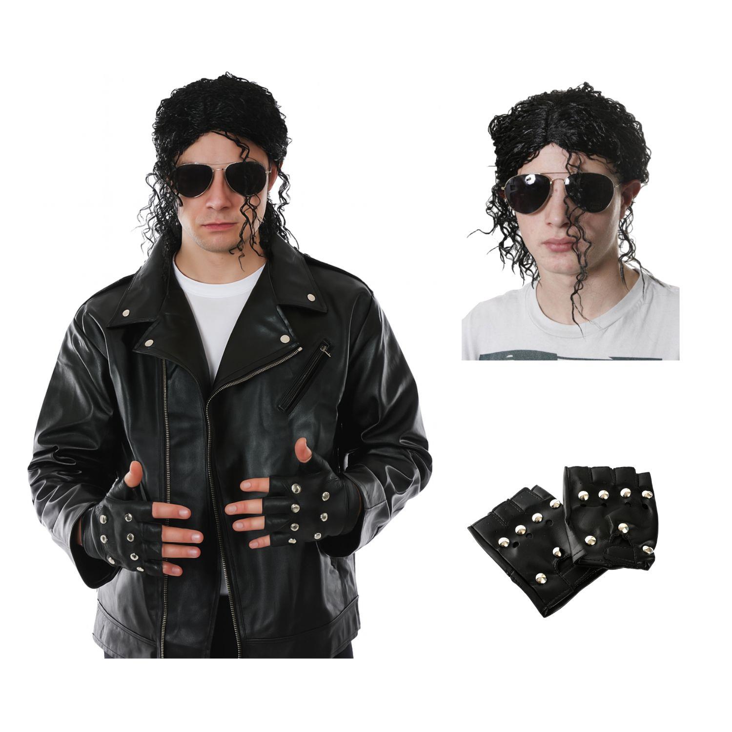 Adults King of Pop Costume | 3 Pcs | Leather Jacket, Wig & Gloves