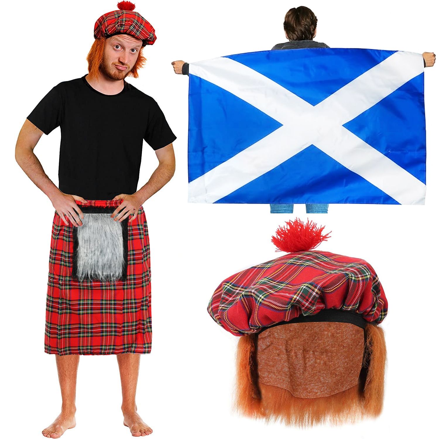 Large 5 x 3ft Scottish Flag with Tartan Kilt and Tam O Shanter Hat