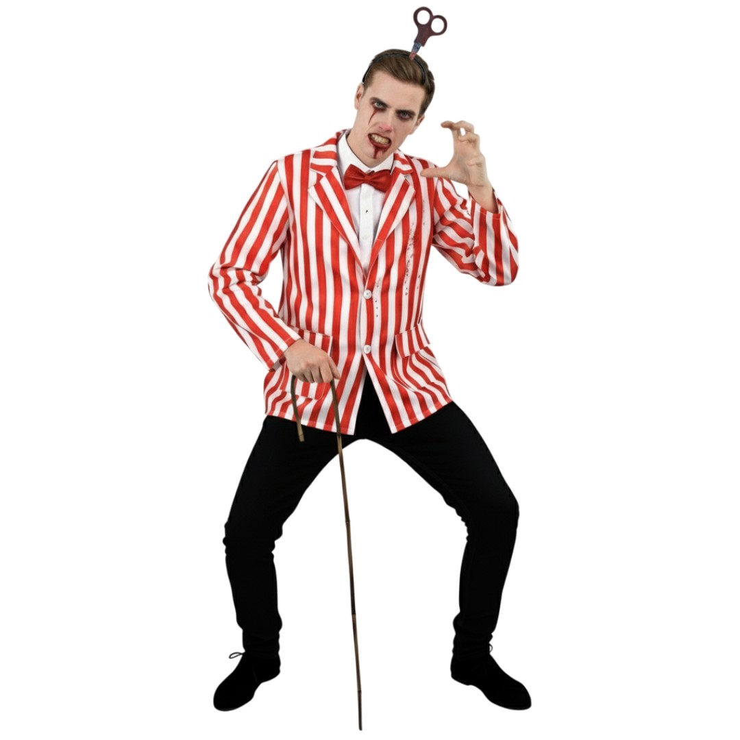 Adults Halloween Zombie Barber Costume | 3 Pcs | Striped Blazer, Scissor Headband & Face Paint