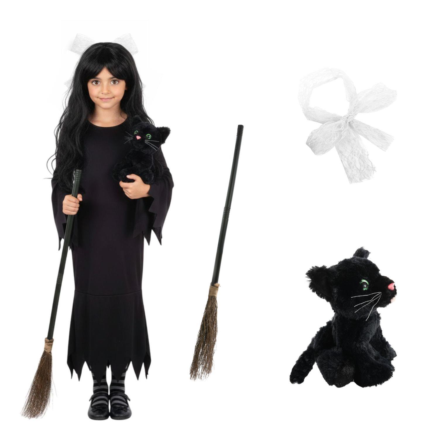 Girls Hooky Witch Costume | 4 Pcs | Dress, Broom, Cat Toy & Hair Bow