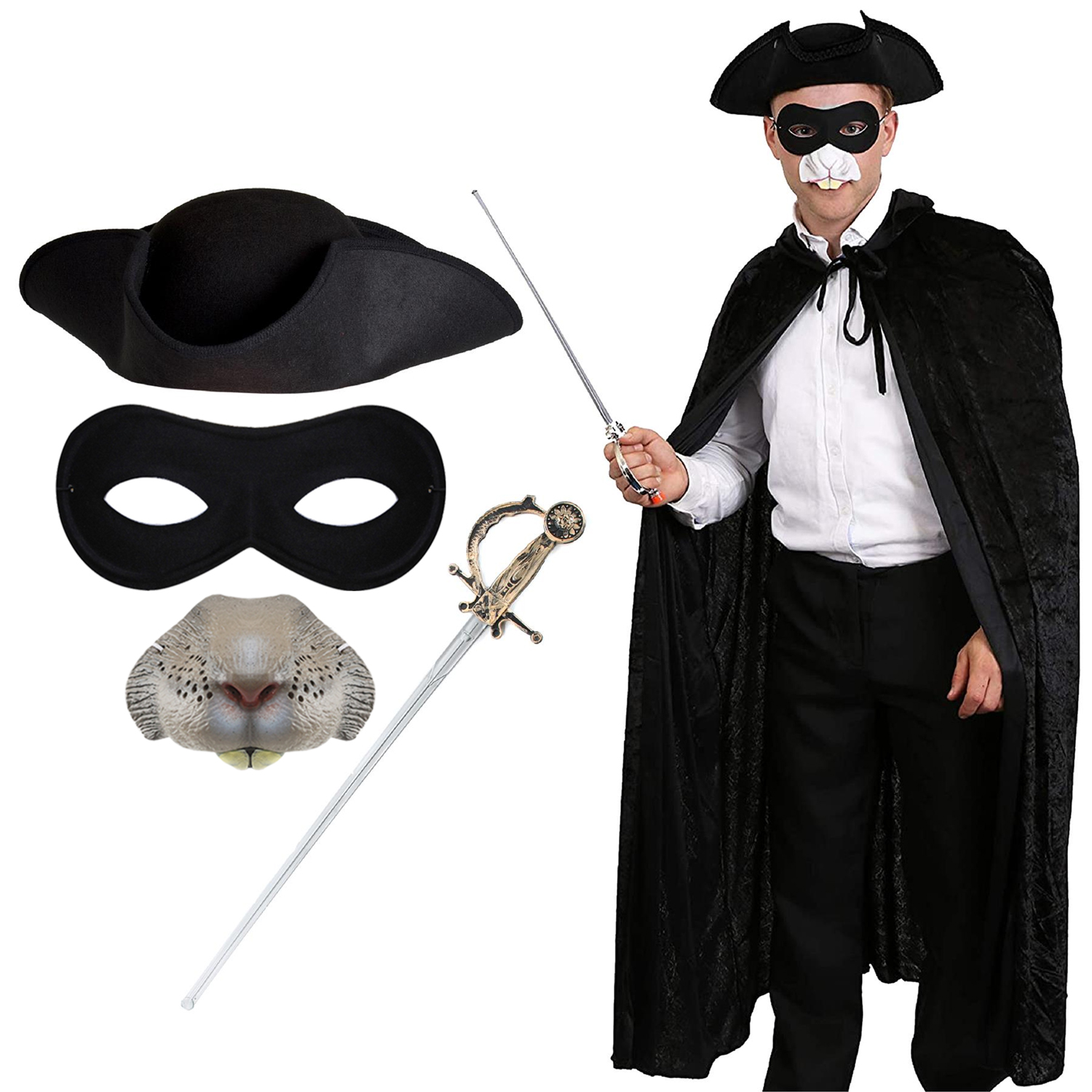 Adults Highway Rodent Costume | 5 Pcs | Cape, Black Tricorn Hat, Nose, Mask & Sword