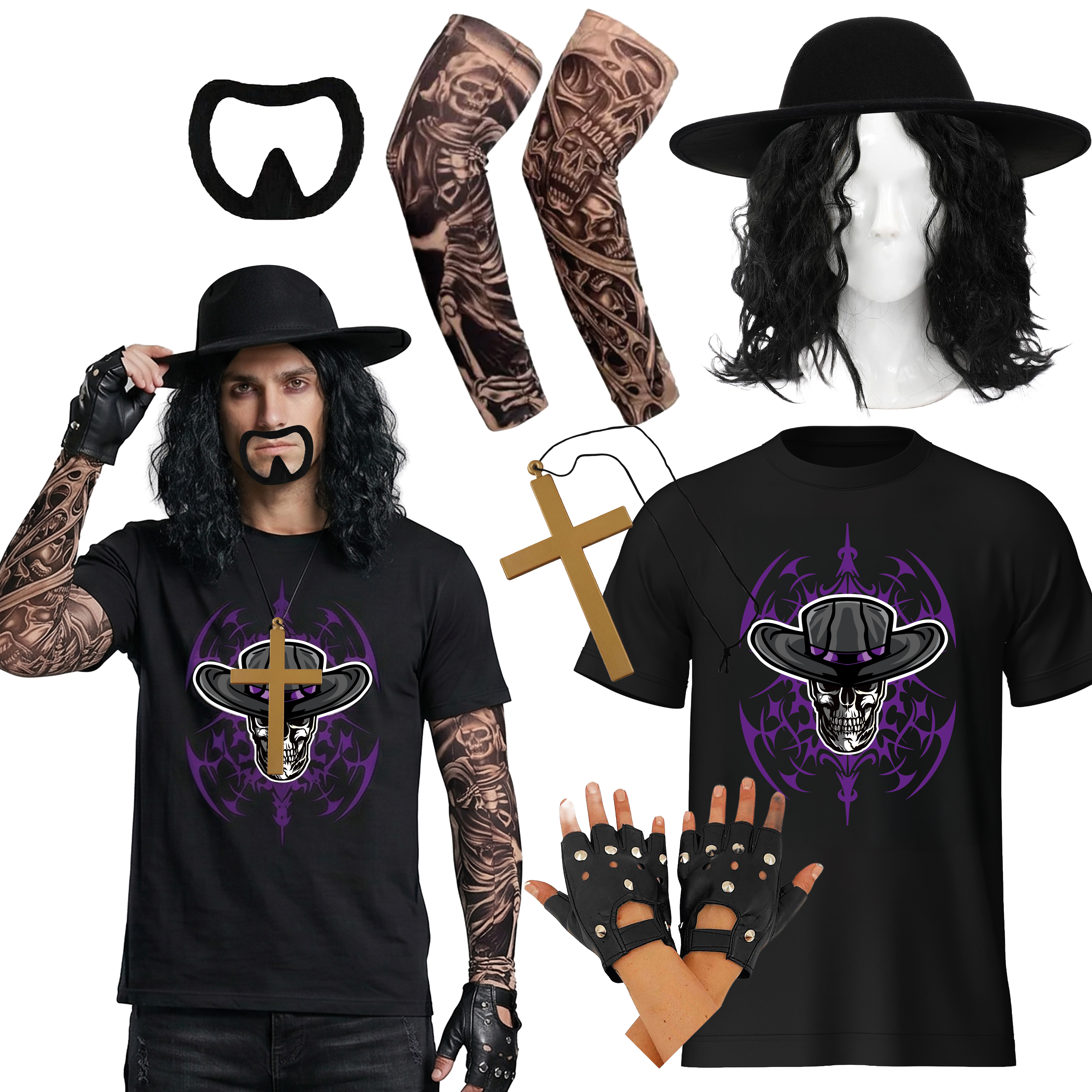 Adults 90's Wrestler Costume | 7 Pcs | T-Shirt, Hat, Wig, Goatee, Necklace, Gloves & Tattoo Sleeves