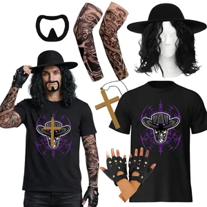 Adults 90's Wrestler Costume | 7 Pcs | T-Shirt, Hat, Wig, Goatee, Necklace, Gloves & Tattoo Sleeves