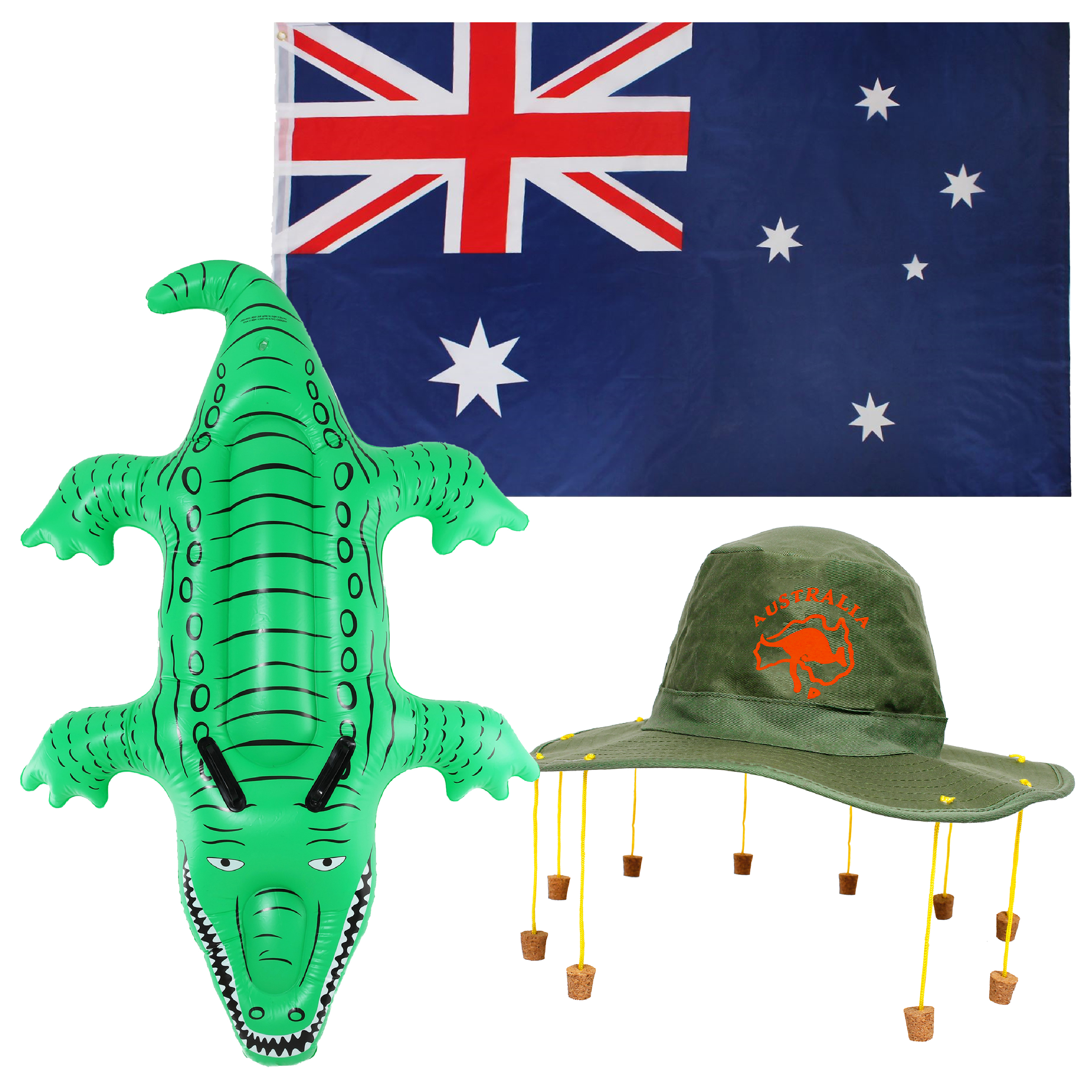 Australia Day Set 3 Piece Flag, Hat, Inflatable Crocodile Aussie Fancy Dress Pack