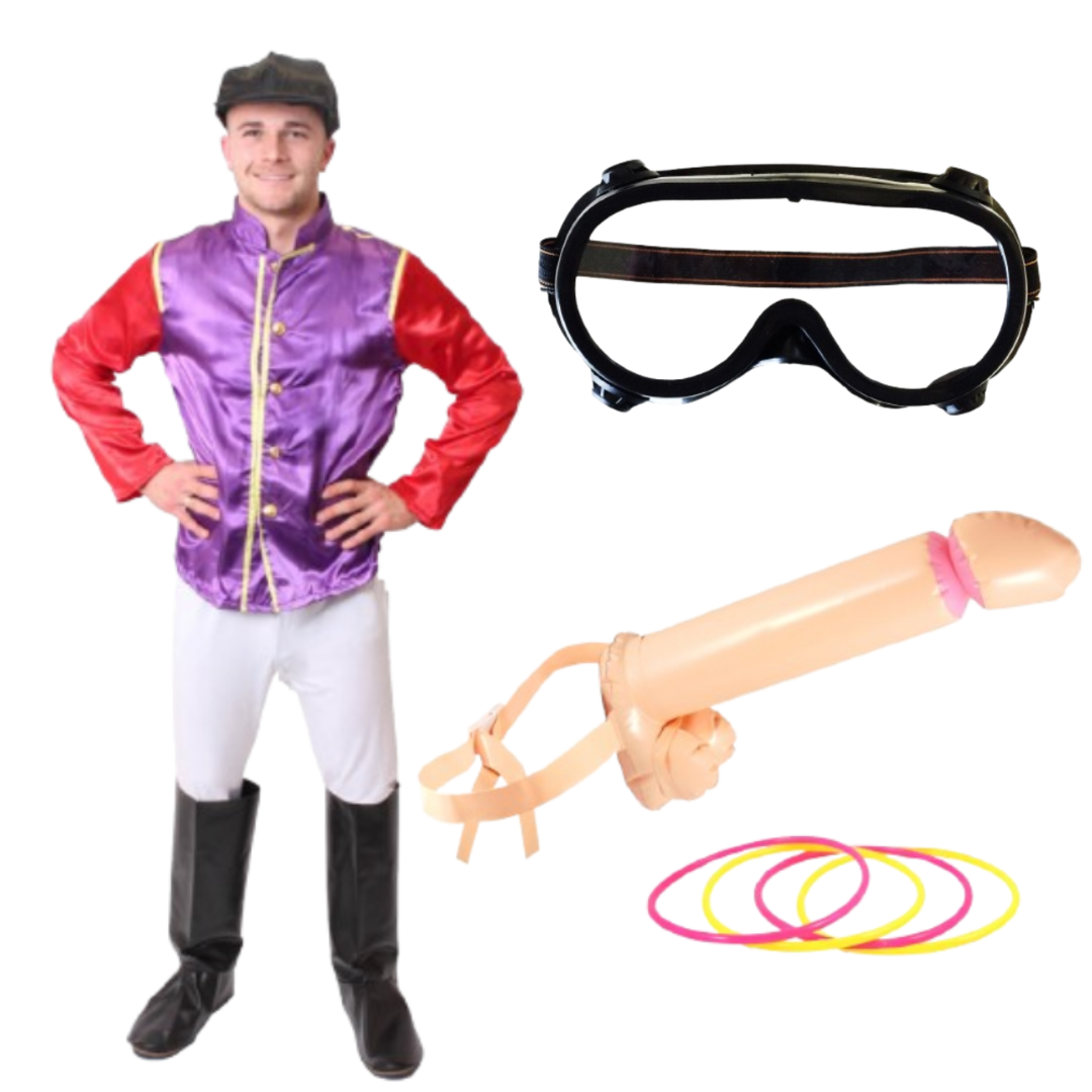 Adults Purple & Red Knob Jockey Costume with Black Goggles & Novelty Willy Ring Toss Game