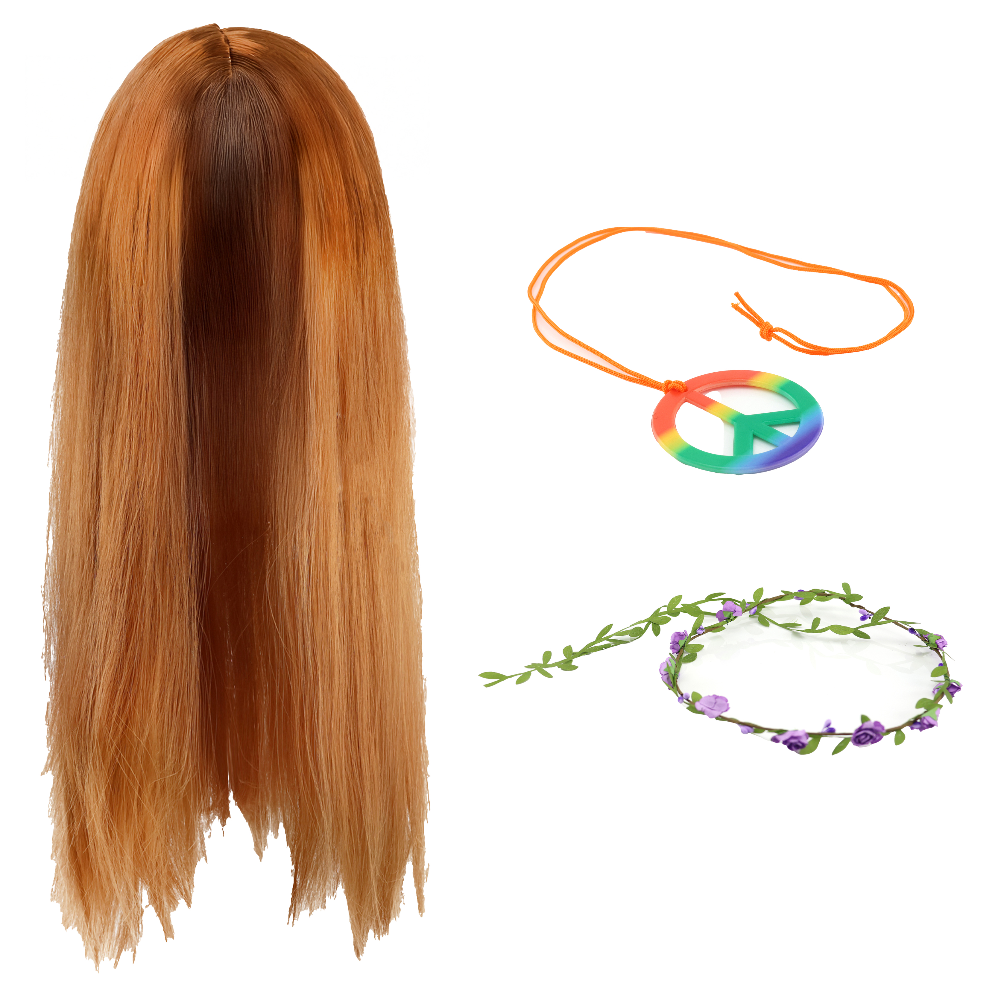 Hippy Accessory Set – Wig, Rainbow Peace Necklace & Purple Flower Headband