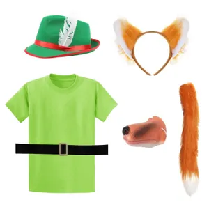Adults Sherwood Fox Costume | 6 Pcs | T-Shirt, Hat, Belt. Fox Ears, Tail & Nose