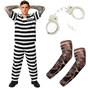 Adults Striped Prisoner Costume | 3 Pcs | Costume, Handcuffs & Tattoo Sleeves