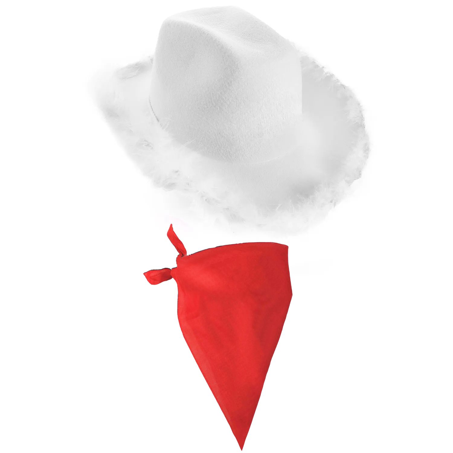 White Cowboy Hat with Marabou Trim & Red Bandana