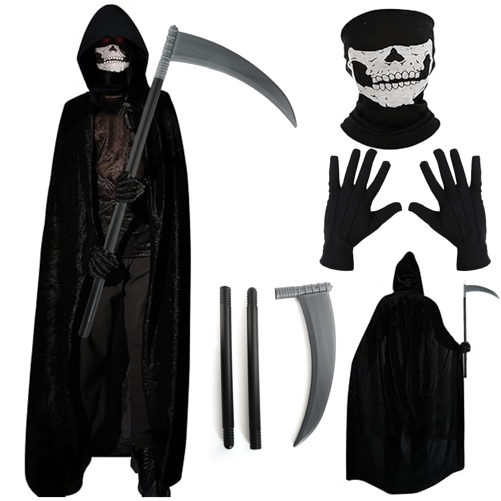 Adults Skeleton Reaper Costume | 4 Pcs | Cape, Scythe, Skeleton Snood & Gloves