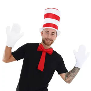Adults Crazy Cat Costume Set - Striped Hat, Black T-Shirt, White Gloves & Red Tie