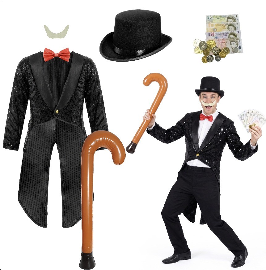 Adults Money Boardgame Man | 6 Pcs | Tailcoat, Top Hat, Bow Tie, Tash, Walking Stick & Fake Money