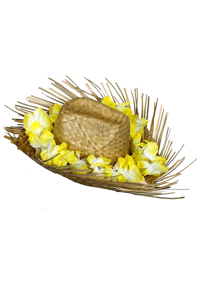 Straw Beachcomber with attached Yellow Lei