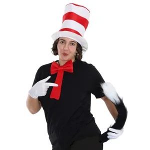 Adults Crazy Cat Costume Set - Striped Hat, Black T-Shirt, Thin Fluffy Tail, Red Tie & White Gloves